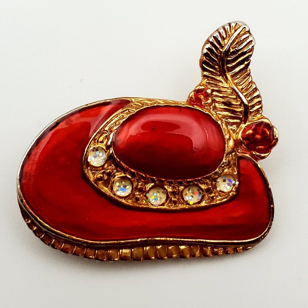 Red Hat Society Brooch Hat Pin Deep Red Enamel Gold Base Feather Confetti Accent